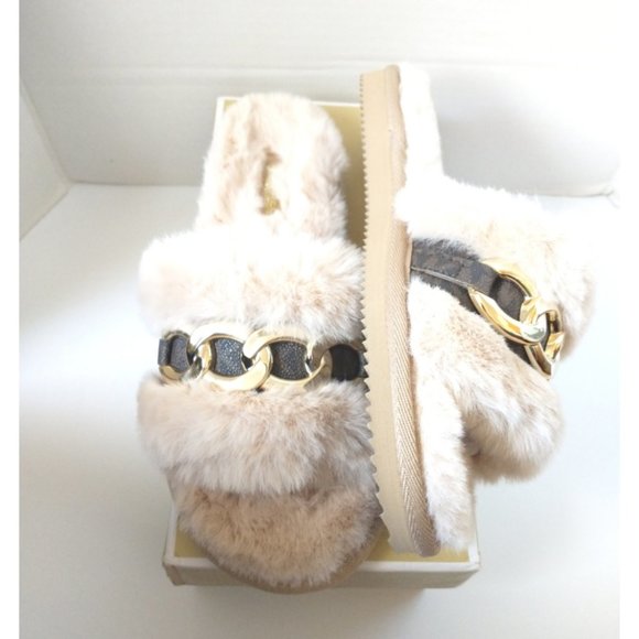 New! MICHAEL KORS Women's Scarlett Chain-trim Slippers Sandals Shoe Camel Multi - Picture 4 of 8